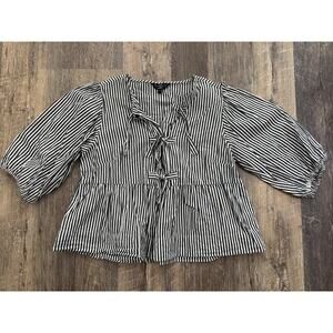 Velvet Heart Black White Striped Tie Front Peplum Blouse Puff Sleeve CCL-24498 M